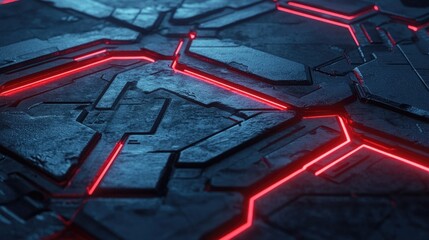 Poster - Abstract futuristic background featuring illuminated red lines on dark, textured surfaces with a sci-fi aesthetic perfect for technology or cyber themes.
