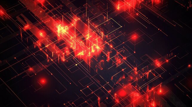 Abstract digital network in vibrant red tones showcasing dynamic geometric lines and illuminated grid elements against a dark background for futuristic design concepts