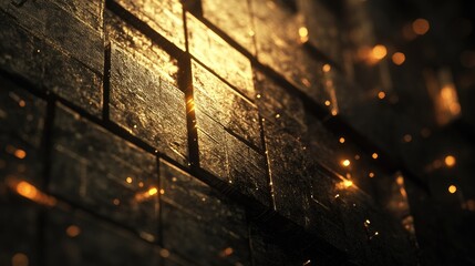Poster - Glimmering Textured Wall with Golden Light Reflections Showcasing an Abstract Pattern of Bright Sparks and Dark Shadows in a Modern Artistic Style