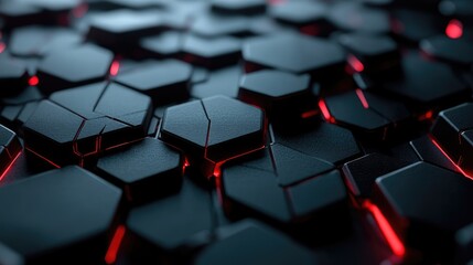 Poster - Abstract background featuring dark hexagonal shapes with glowing red edges, creating a modern and futuristic visual effect suitable for technology and design themes.