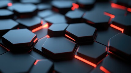Poster - Abstract black hexagonal tiles with glowing neon edges creating a modern futuristic background suitable for technology and design projects.