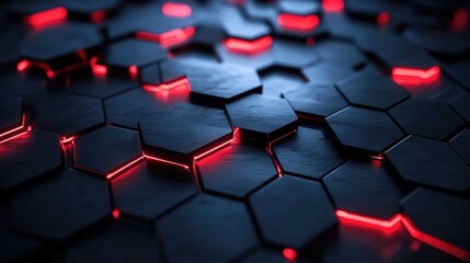 Poster - Abstract hexagonal pattern with glowing red lines on a dark background, perfect for technology and modern design themes with a futuristic feel.