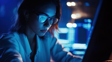 Wall Mural - A focused individual working on a computer in a dimly lit, tech environment.