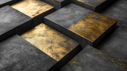 Poster - Textured Background with Metallic Golden Elements Infused Among Dark Grey Geometric Blocks, Perfect for Elegant Design and Contemporary Themes