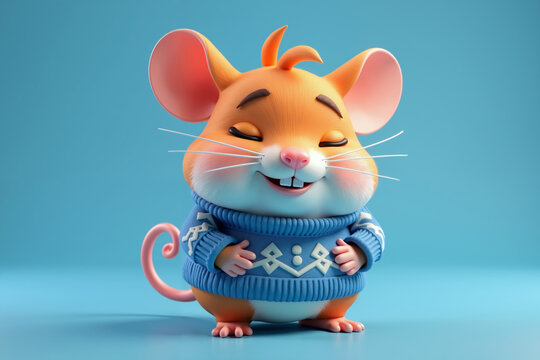 3d digital illustration featuring a cheerful, anthropomorphic mouse with a light brown and white fur.