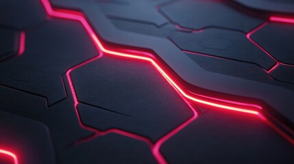 Poster - Abstract futuristic texture with glowing red lines, featuring hexagonal patterns and dark surfaces, ideal for technology, sci-fi, and modern design projects.