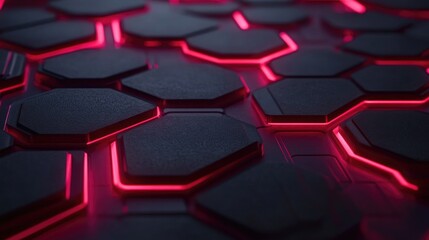 Poster - Abstract Hexagonal Pattern with Neon Red Illuminations on Black Surface, Creating a Futuristic and Dynamic Visual Effect for Technology and Design Applications