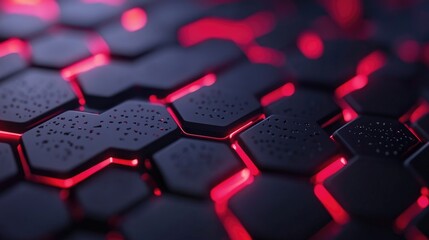 Fototapete - Abstract close-up of a black hexagonal texture illuminated by glowing red lights, showcasing intricate patterns and modern design elements for technology themes and backgrounds.
