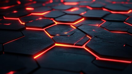 Poster - Abstract dark surface with glowing red lines creating a striking hexagonal pattern, ideal for technology, gaming, or futuristic design concepts.