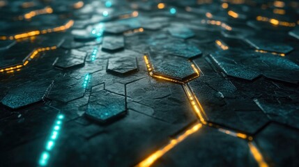 Poster - Futuristic Hexagonal Pattern with Glowing Lines on Dark Surface, Abstract Technology Background for Digital Art, Gaming, and Sci-Fi Themes