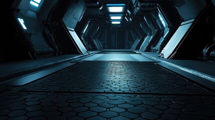 Poster - Futuristic Sci-Fi Corridor with Sleek Lighting and Hexagonal Floor Design, Perfect for Concept Art, Gaming Environments, and Sci-Fi Visuals in a High-Tech Setting