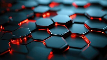 Poster - Intricate Pattern of Black Hexagons with Glowing Red Edges, Creating a Futuristic and Abstract Background Ideal for Technology and Design Projects