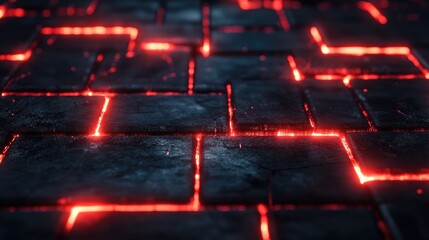 Poster - Intricate Pattern of Dark Textured Tiles with Glowing Red Lines Emitting an Otherworldly Glow on a Futuristic Surface