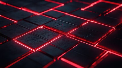 Poster - Abstract futuristic background with glowing red lines and dark metallic tiles creating a striking visual effect, perfect for technology and innovation themes.
