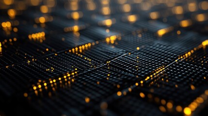 Poster - Abstract Pattern of Glowing Golden Lights on a Black Grid Surface Creating a Futuristic Texture, Ideal for Backgrounds or Digital Design Projects