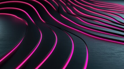 Poster - Abstract Wavy Background with Neon Pink Light Stripes Creating Flowing Motion on Dark Surface for Modern Design and Technology Concepts