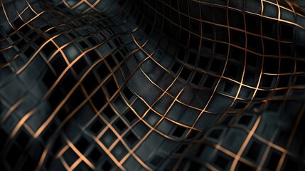 Poster - Intricate Textured Fabric with Metallic Lattice Pattern, Showcasing Elegant Waves of Black and Copper in a Luxurious Design for Fashion and Textile Applications