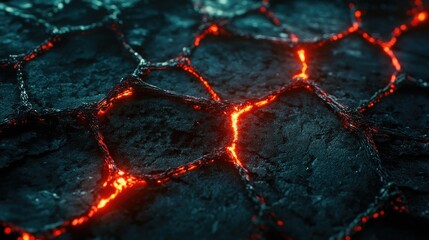 Poster - Glowing Lava Texture on Dark Volcanic Rock Surface with Intricate Cracks and Fiery Fissures Illuminating the Scene in a Dramatic Showcase of Nature's Power
