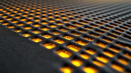 Poster - Textured Surface with Grid Pattern and Golden Light Reflection Close-Up, Showcasing Intricate Design Elements for Modern Artistic Backgrounds