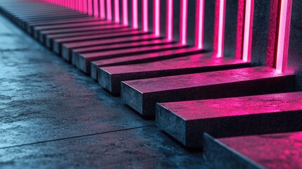 Poster - Futuristic Neon Light Installation in Modern Architecture with Geometric Shapes and Textured Surfaces, Evoking a Vibrant and Dynamic Atmosphere for Creative Visuals