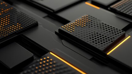Poster - Abstract Background of Dark Textured Panels with Glowing Orange Lines and Circular Patterns for Technology, Design, and Digital Conceptual Use in Modern Interfaces