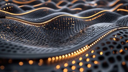 Poster - Abstract Wavy Texture with LED Lights Creating a Hypnotic Pattern in Dark Environment, Showcasing Depth and Intricate Design Elements in Modern Art Style