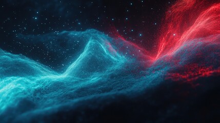 Poster - Vibrant Abstract Cosmic Landscape with Ethereal Nebulae and Starry Sky in Vivid Blue and Red Tones Evoking a Sense of Infinite Depth and Awe-Inspiring Beauty
