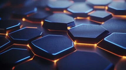 Poster - Futuristic hexagonal pattern with glowing edges and dark surface texture, ideal for tech backgrounds, digital designs, and modern abstract art projects featuring innovation and technology.