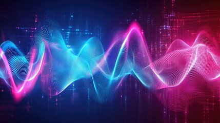 Poster - Vibrant Abstract Waveform in Blue and Pink Colors, Representing Sound Frequencies and Digital Signals Against a Dark Background with a Futuristic Touch