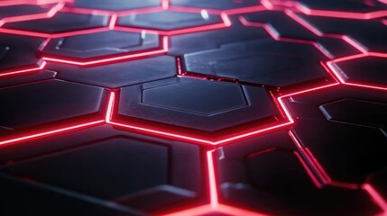 Poster - Hexagonal Pattern with Futuristic Red Glow on Black Surface, Highlighting Technology and Modern Design Elements for Creative Projects