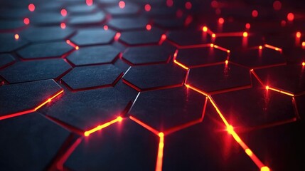 Poster - Abstract close-up view of a dark hexagonal pattern illuminated with glowing red lines, showcasing high-tech design and futuristic concepts in a digital environment.