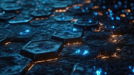 Poster - Futuristic Hexagonal Tiles with Glowing Blue and Orange Light Effects on a Dark Surface, Creating a Sci-Fi Ambient Background for Digital Art and Design Projects