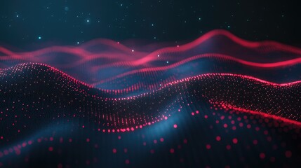 Poster - Abstract Digital Landscape of Waves with Bright Red and Blue Points against a Starry Background for Technology and Futuristic Concepts