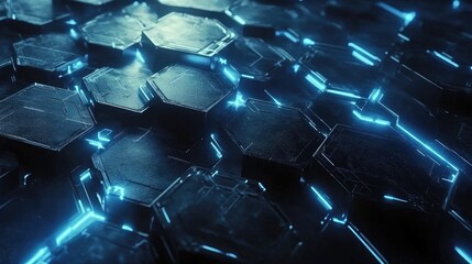 Poster - Futuristic Abstract Background with Illuminated Hexagonal Shapes and Neon Blue Accents in a High-Tech Environment for Modern Design Projects