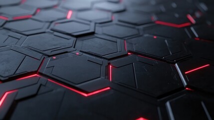 Poster - Futuristic Hexagonal Pattern with Glowing Red Edges on a Flat Surface, Ideal for Technology, Sci-Fi, and Abstract Backgrounds