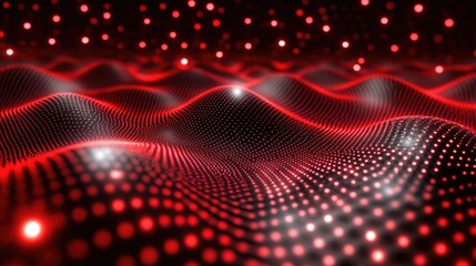Poster - Abstract red wave background with glowing dots and soft curves creating a dynamic digital landscape, ideal for technology, design, or futuristic themes
