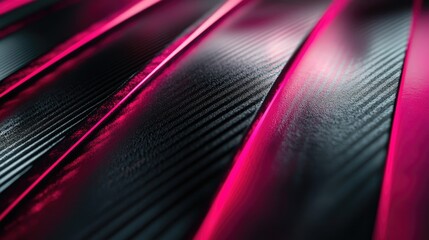 Poster - Abstract close-up image of sleek and shiny black surface with vibrant pink neon lighting creating a dynamic and modern texture appearance, showcasing contrast and depth.