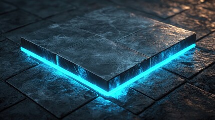 Poster - Glowing Blue Neon Edge on Dark Textured Stone Tile Surface, Modern Futuristic Design Element for Abstract Backgrounds or Technology Themes