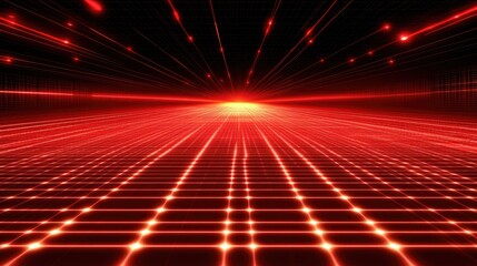 Poster - Abstract Futuristic Digital Background with Red Laser Beams and Grids Creating a Sense of Depth and Motion in a Technological Environment