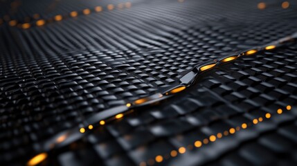 Poster - Abstract Close-up of Textured Surface with Glowing Orange Lights Illuminating Black Background, Featuring Intricate Patterns and Modern Aesthetic