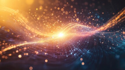 Poster - Abstract Colorful Light Waves with Glowing Particles Illuminating a Dark Background, Representing Technology and Innovation in a Dreamlike Fantasy Scenario