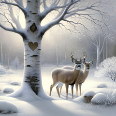 A peaceful winter scene showcases two deer standing close together in a snow-covered forest by a birch tree with a heart-shaped carving