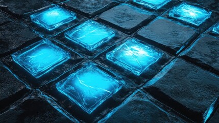 Poster - Glowing Blue Ice Cubes on Dark Surface Creating a Mystical and Captivating Atmosphere for Background or Conceptual Use in Creative Projects