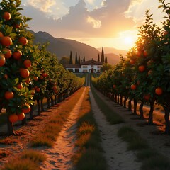 Poster - Golden hour bathed orchard path, leading to a sun-drenched villa nestled amongst citrus trees.