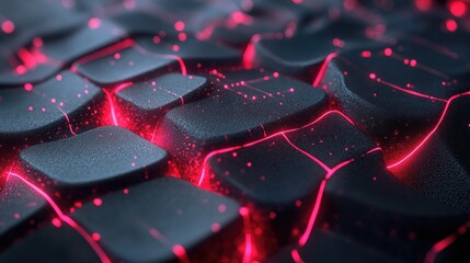 Fototapete - Abstract close-up of textured surface featuring glowing red lines and particles, evoking themes of technology, energy, and digital innovation in a stylish frame.