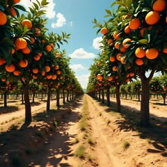 Poster - Sun-drenched rows of orange trees, laden with juicy fruit, stretch towards a distant mountain range.