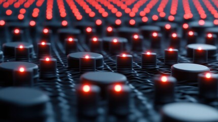  - Abstract close-up of illuminated round elements on a dark textured surface, showcasing a modern technology theme with glowing red lights for creative visuals