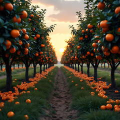 Poster - Sun-drenched rows of orange trees, laden with juicy fruit, stretch towards a distant mountain range.