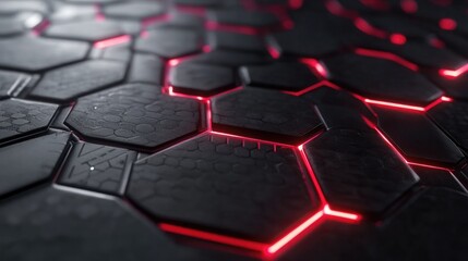 Poster - Dark and Futuristic Hexagonal Pattern with Glowing Red Lights, Perfect for Technology and Sci-Fi Themes on Stock Photo Platforms