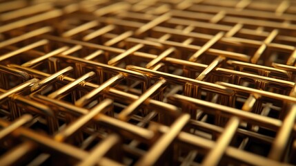 Poster - Intricate Golden Metal Grid Structure with Reflection and Highlights for Modern Design and Artistic Applications in 3D Visualization and Backgrounds